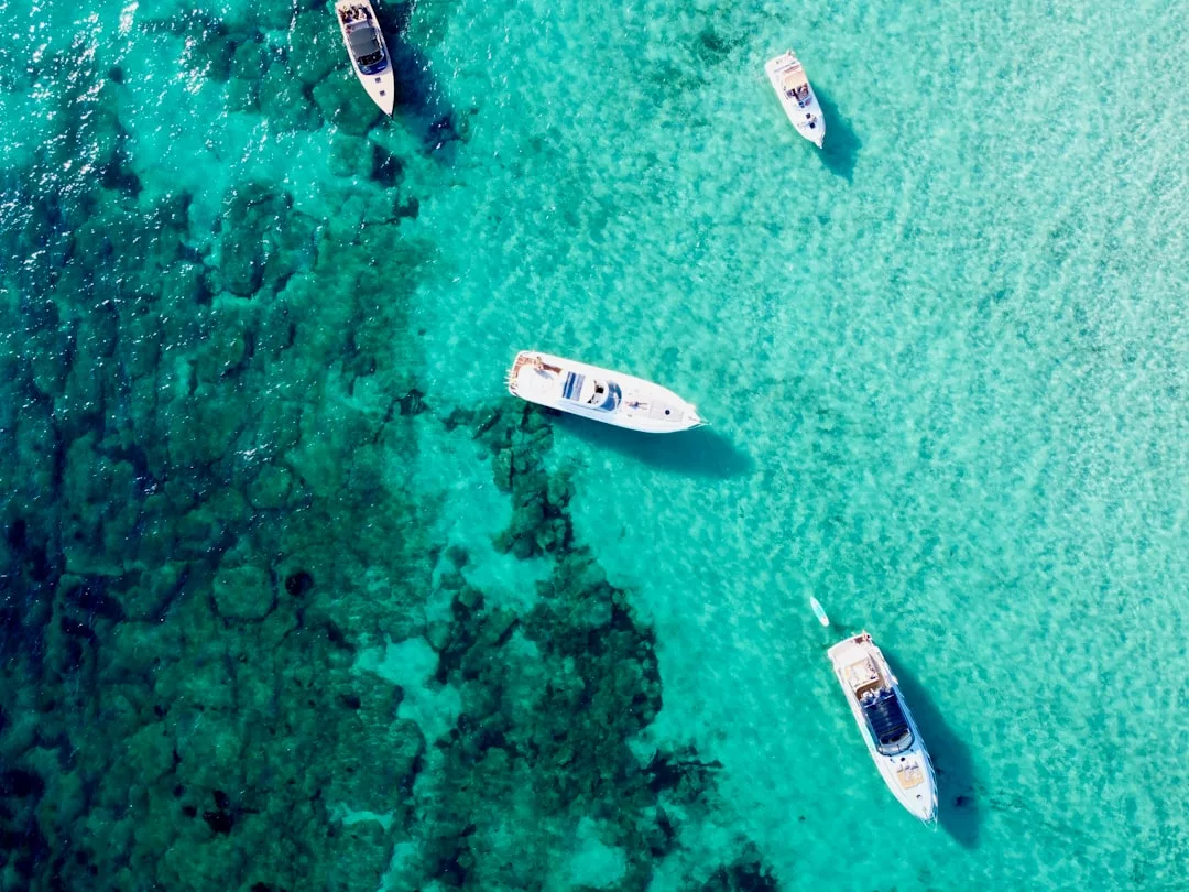 Vista aérea de cinco barcos flotando en aguas turquesas frente a Mallorca, con manchas más oscuras que indican rocas o arrecifes submarinos: una auténtica escena de lujo.
