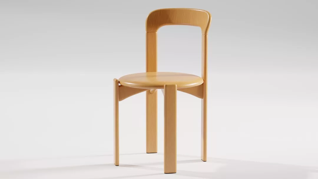 Una moderna silla de madera con asiento redondeado, respaldo curvado y tres patas rectas aporta un toque de elegancia inspirada en Lujo, sobre un fondo claro liso que recuerda el estilo sereno de Mallorca.
